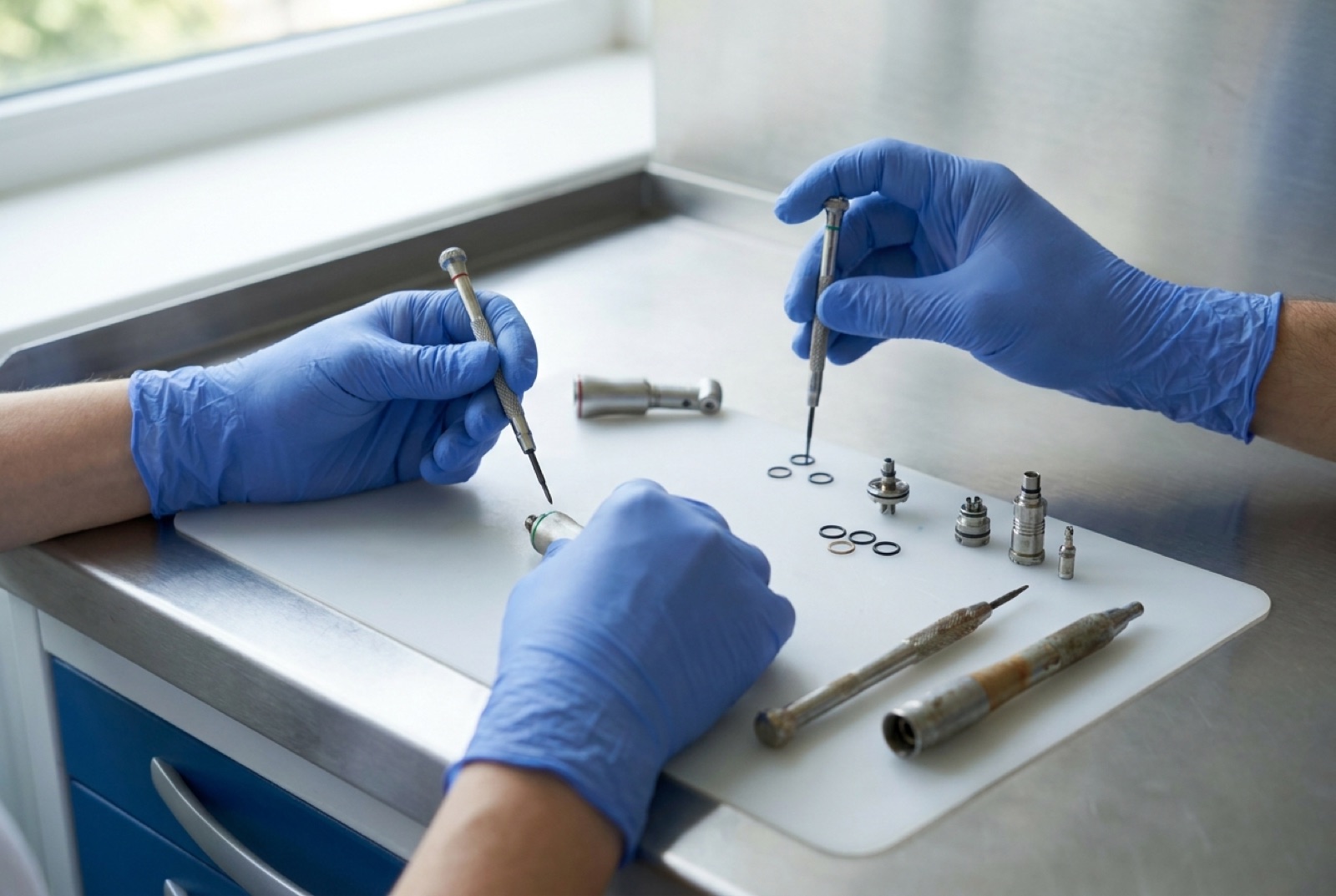 Technician rebuilding a dental handpiece at a workbench