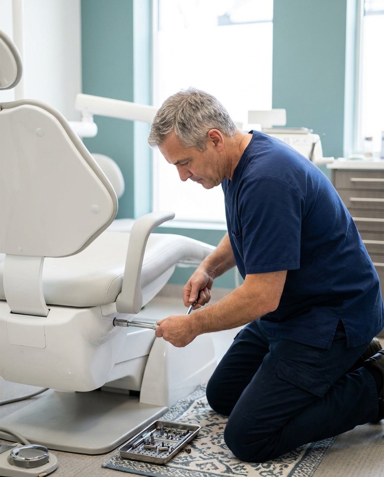 Technician servicing the base of a dental patient chair in a bright operatory