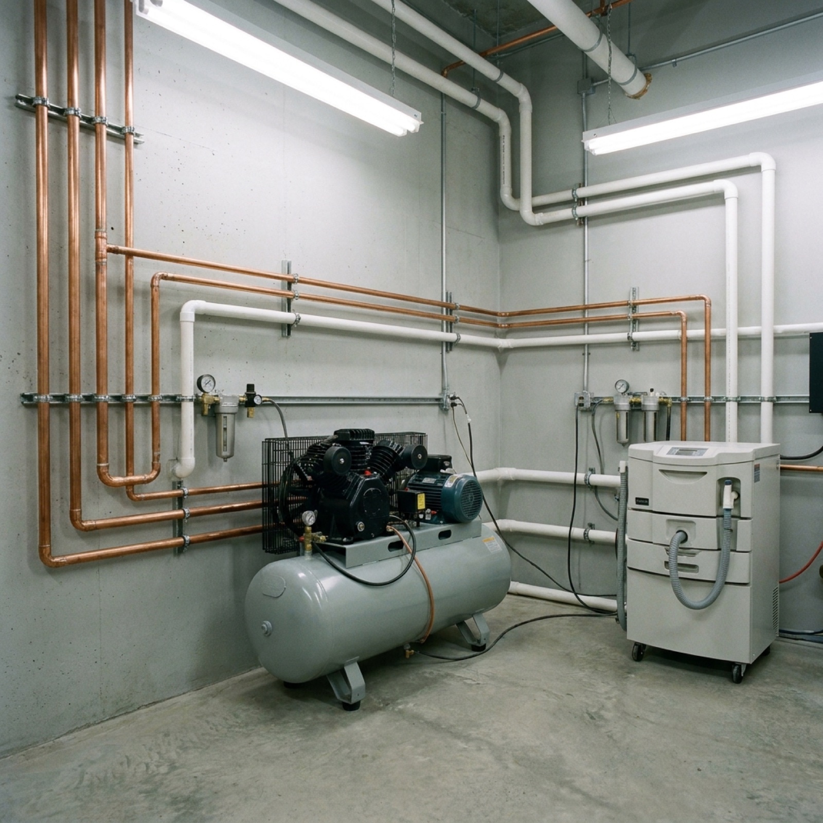 Clean dental mechanical room with compressor and vacuum lines